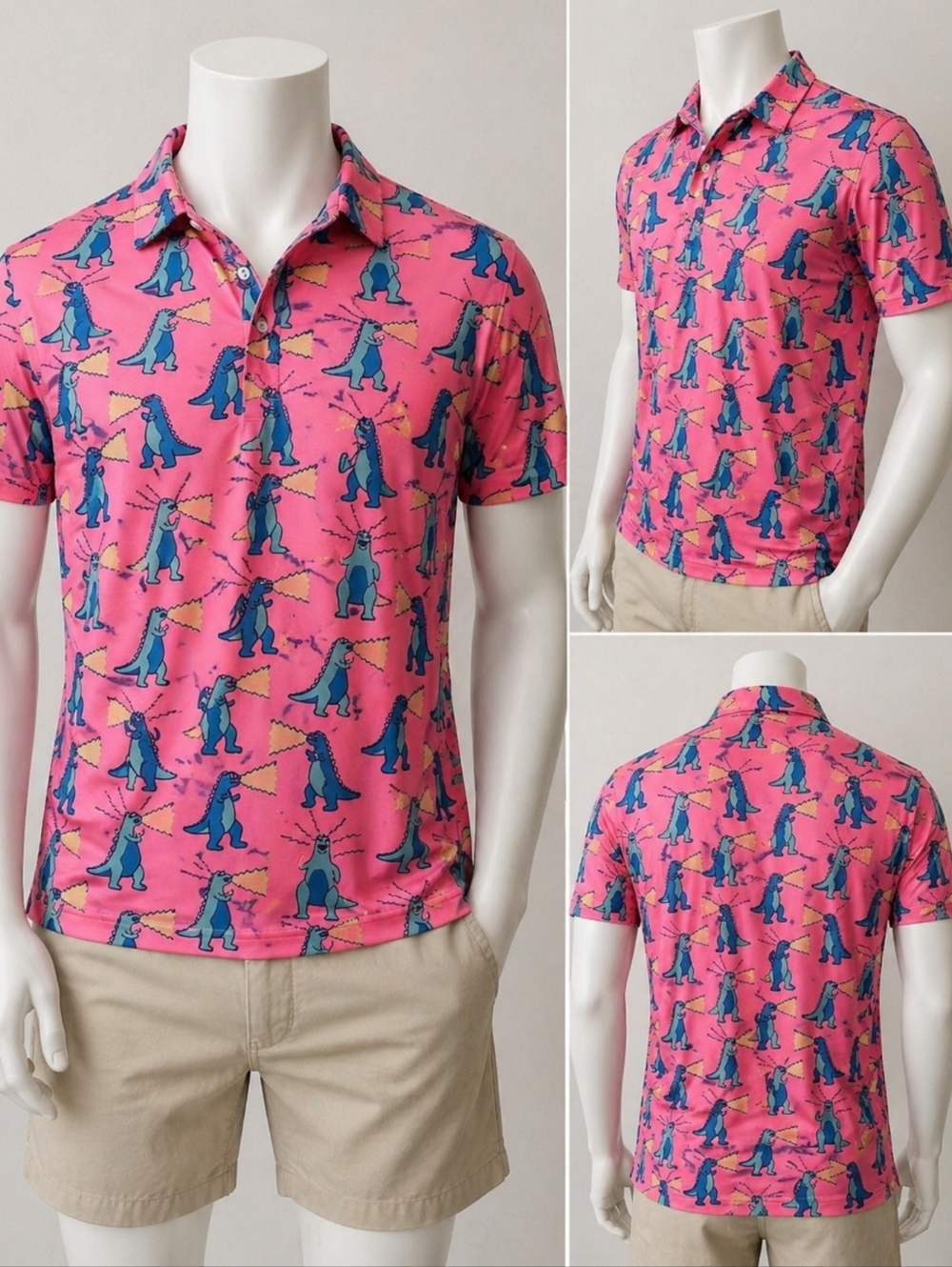 Chubbies Pink Dinosaur Print Polo Shirt (Size M)Bright and fun Chubbies polo